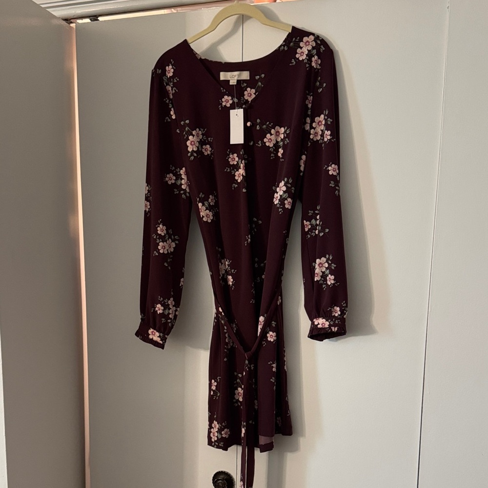 LOFT Burgundy Floral Long Sleeve Dress